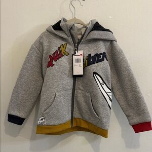 Quiksilver Grey Kids Zip Hoodie with Colorblock Hem and Surf Graphic
